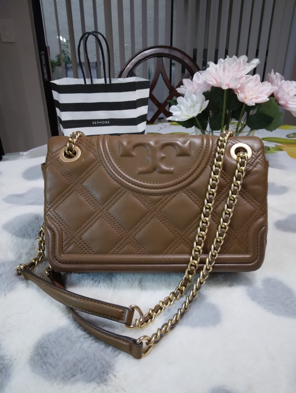 Tory Burch Brown Quilted Leather Chain Shoulder Bag💛🤎